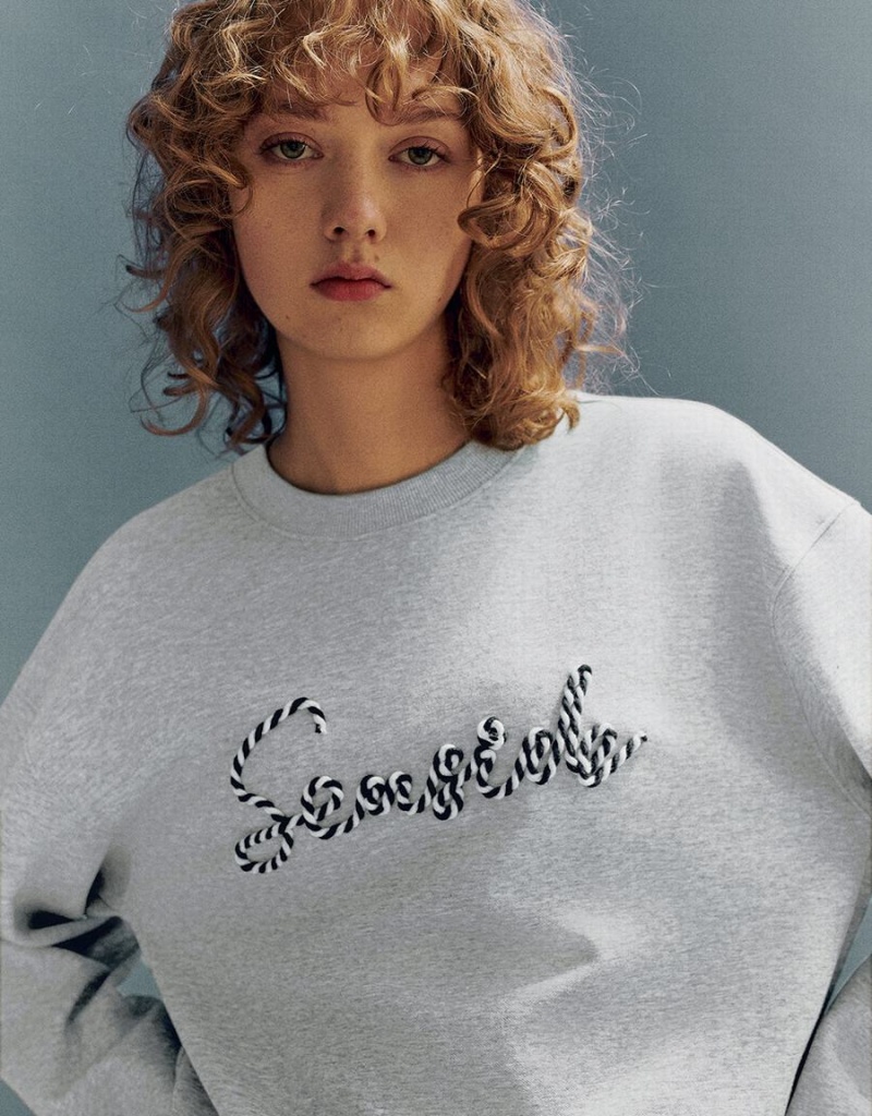 Light Grey Women's Urban Revivo Letter Embroidered Crew Neck Loose Sweatshirts | SAH4782HP