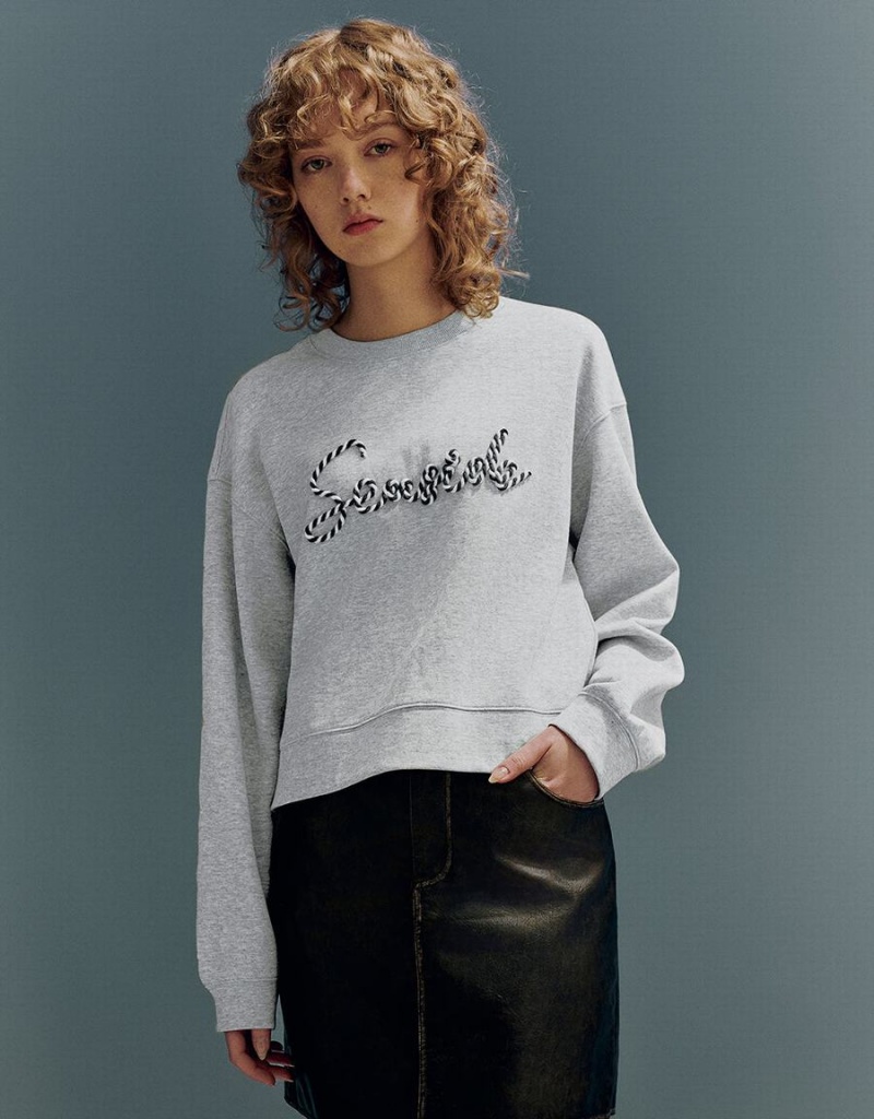 Light Grey Women\'s Urban Revivo Letter Embroidered Crew Neck Loose Sweatshirts | SAH4782HP