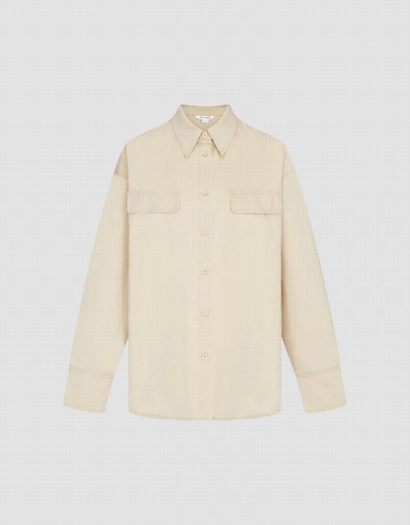 Light Khaki Women's Urban Revivo Button Up Straight Shirts | BEU165DT