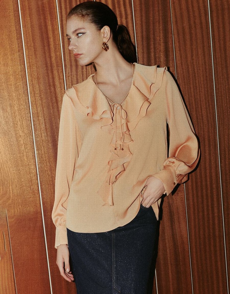 Light Orange Women\'s Urban Revivo Ruffle V-Neck Overhead Blouse | FDN1873LA