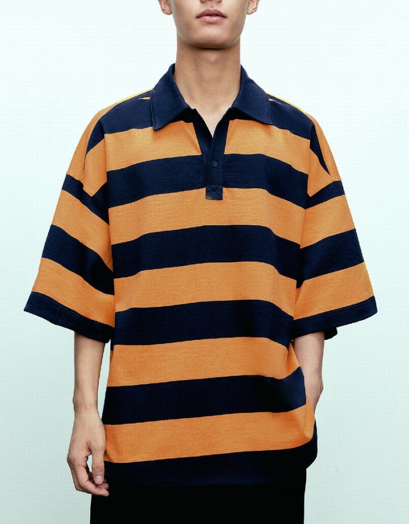 Orange Men's Urban Revivo Oversized Striped Polo Shirts | MIR821GI