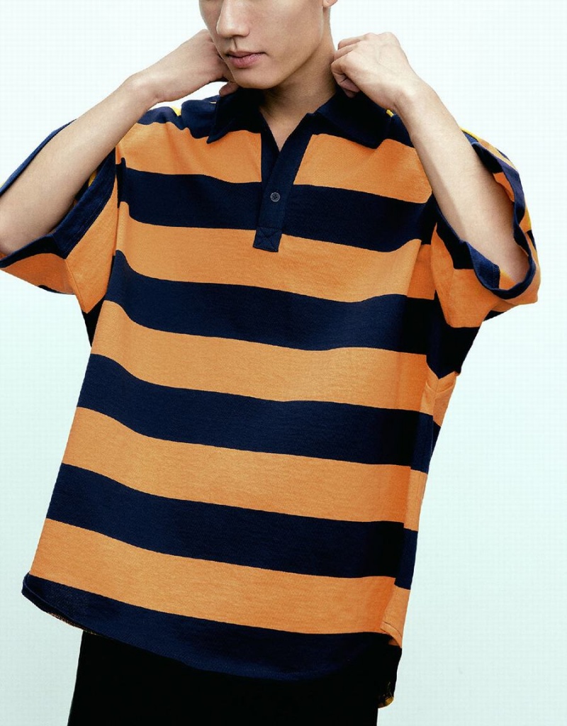 Orange Men's Urban Revivo Oversized Striped Polo Shirts | MIR821GI