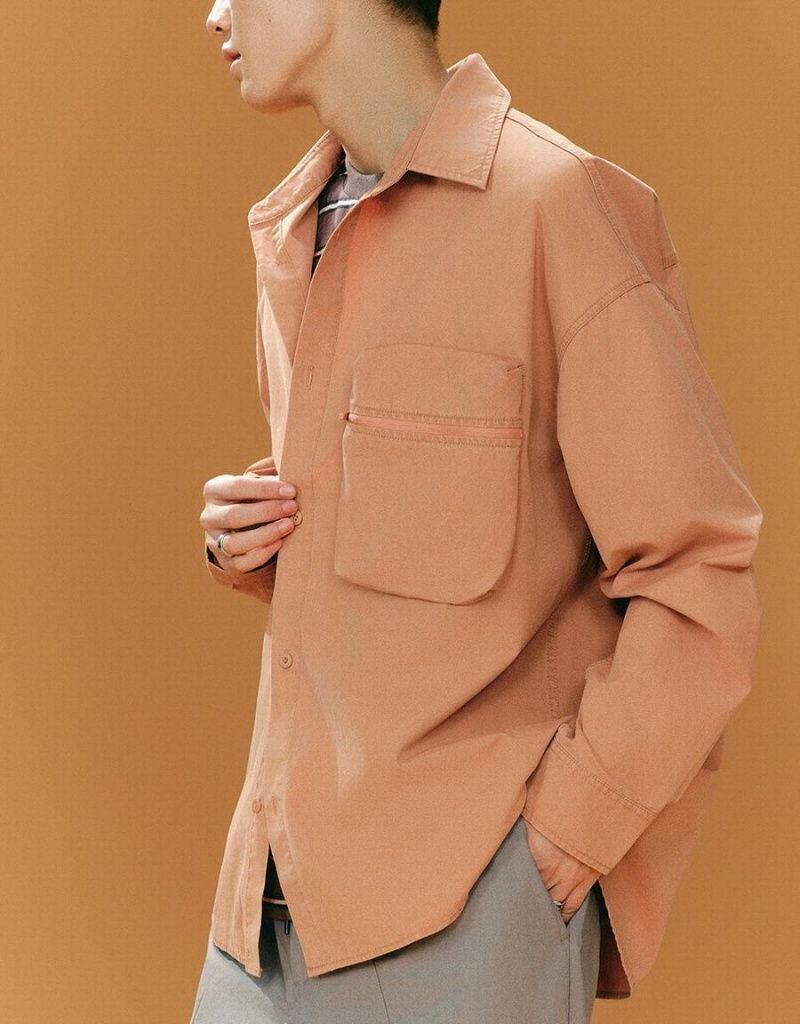 Orange Men's Urban Revivo Straight Oversized Shirts | WNU3141ID