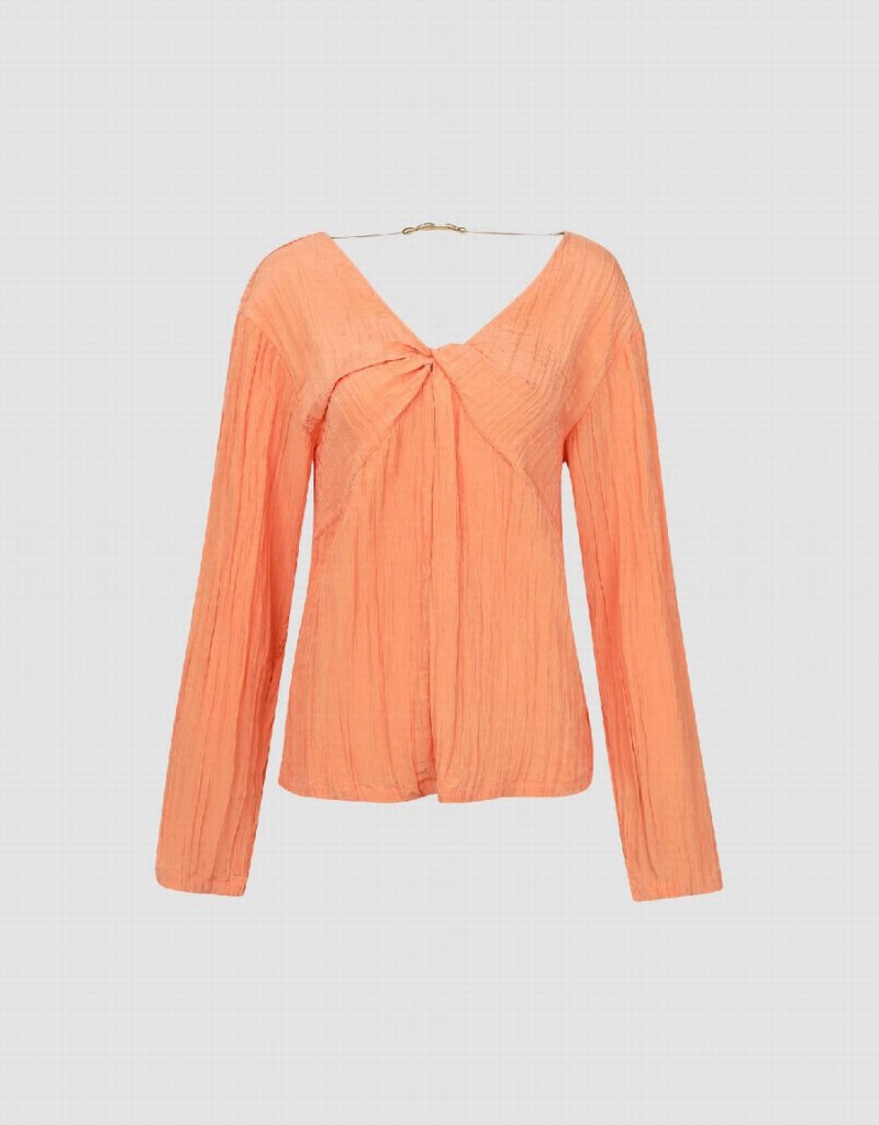 Orange Women's Urban Revivo V-Neck Overhead Blouse | YYU1134SM