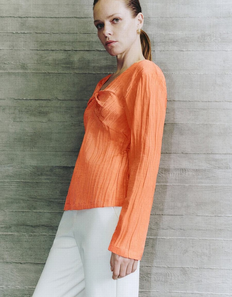 Orange Women's Urban Revivo V-Neck Overhead Blouse | YYU1134SM