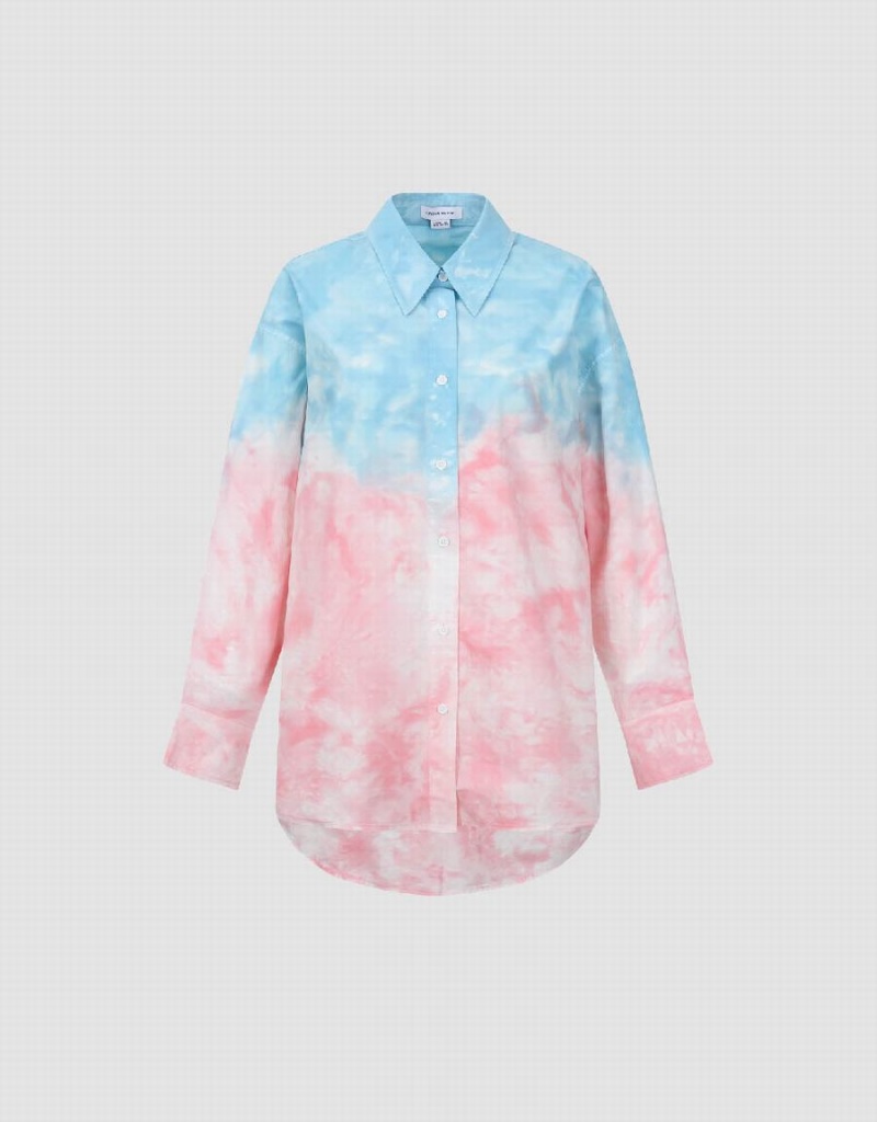 Pink Blue Women's Urban Revivo Two Toned Printed Straight Shirts | DGX2634PH