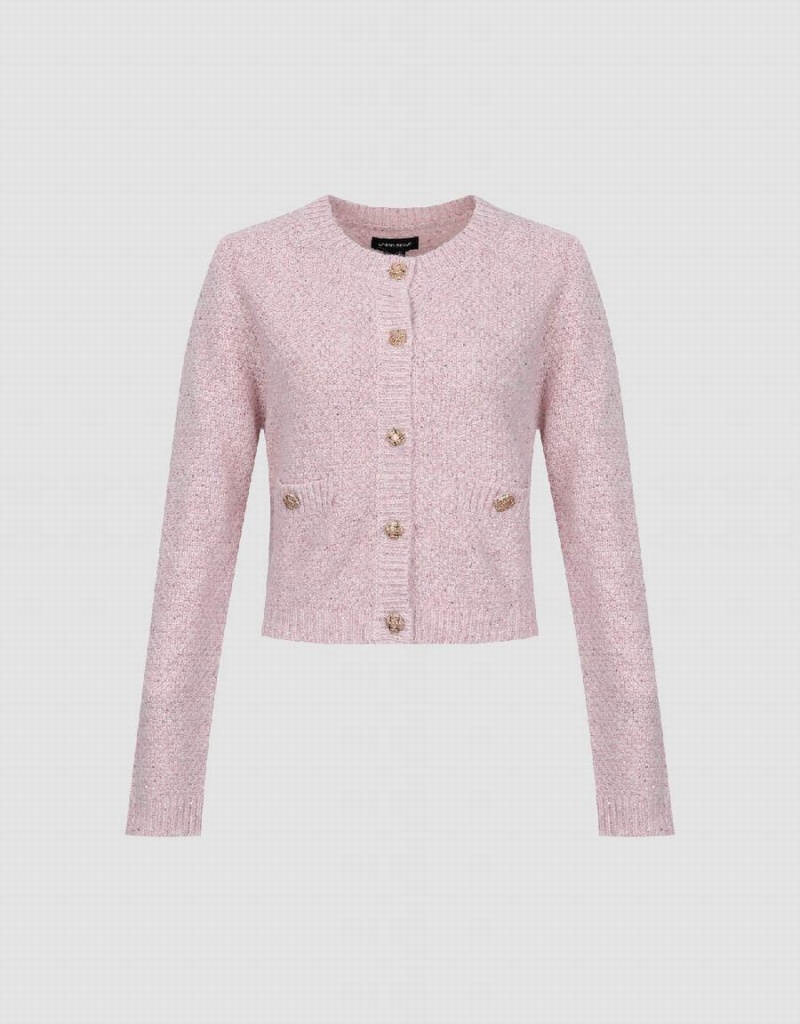 Pink Women's Urban Revivo Crew Neck Knitted With Fake Pockets Cardigan | JAU6085ZM