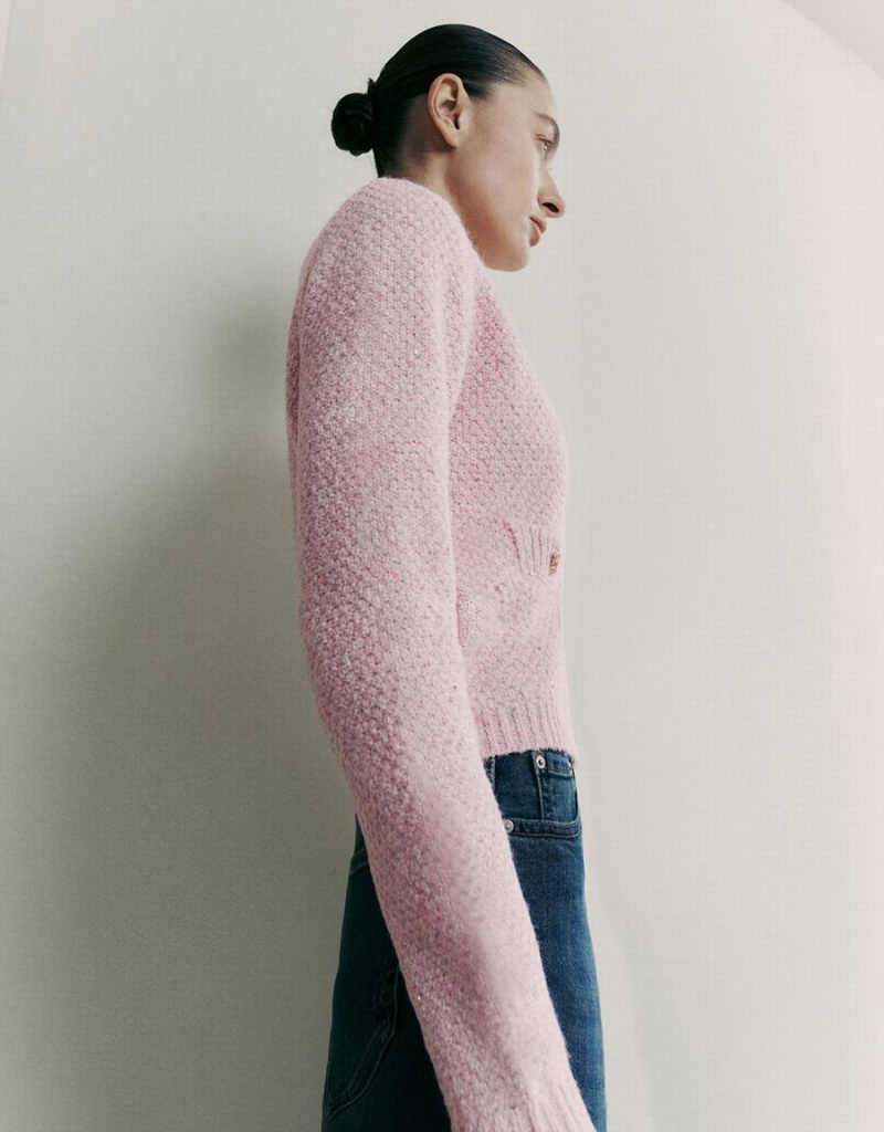 Pink Women's Urban Revivo Crew Neck Knitted With Fake Pockets Cardigan | JAU6085ZM