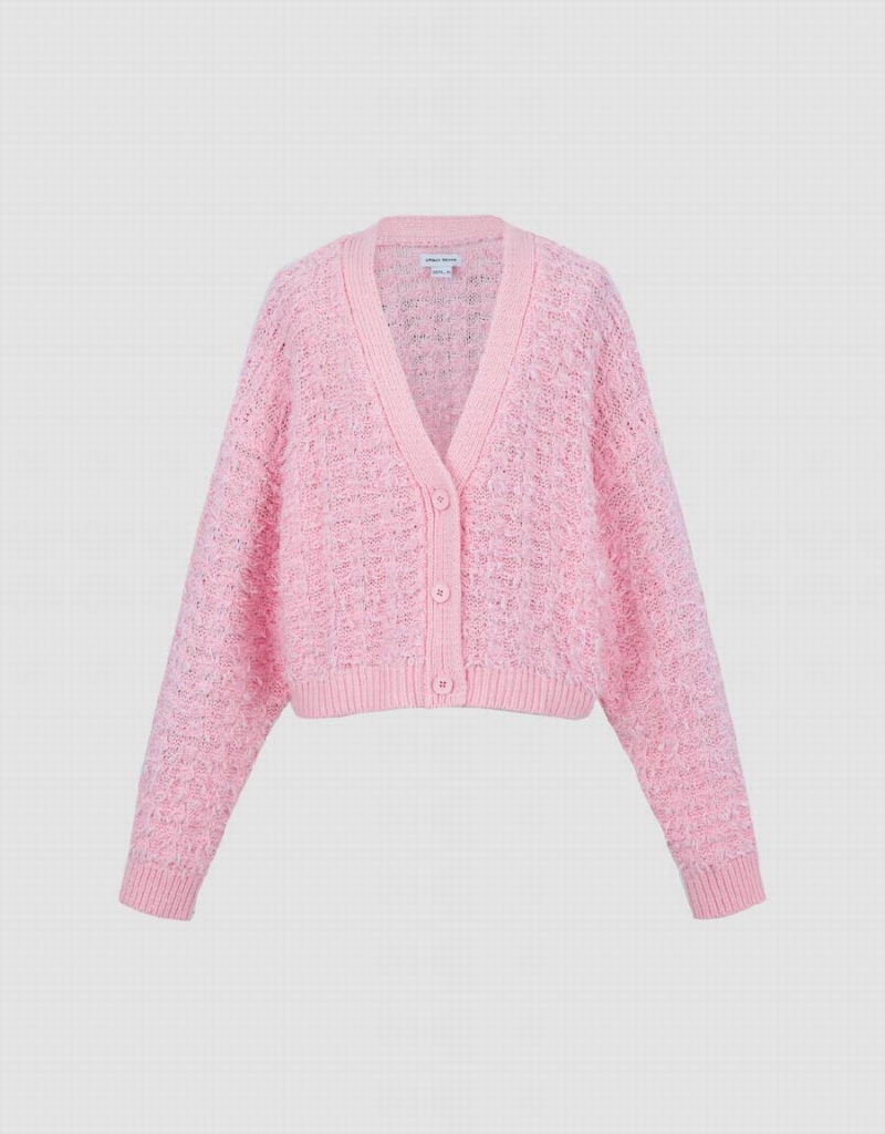 Pink Women's Urban Revivo Drop Shoulder Sleeve V-Neck Knitted Cardigan | OAI3459TU