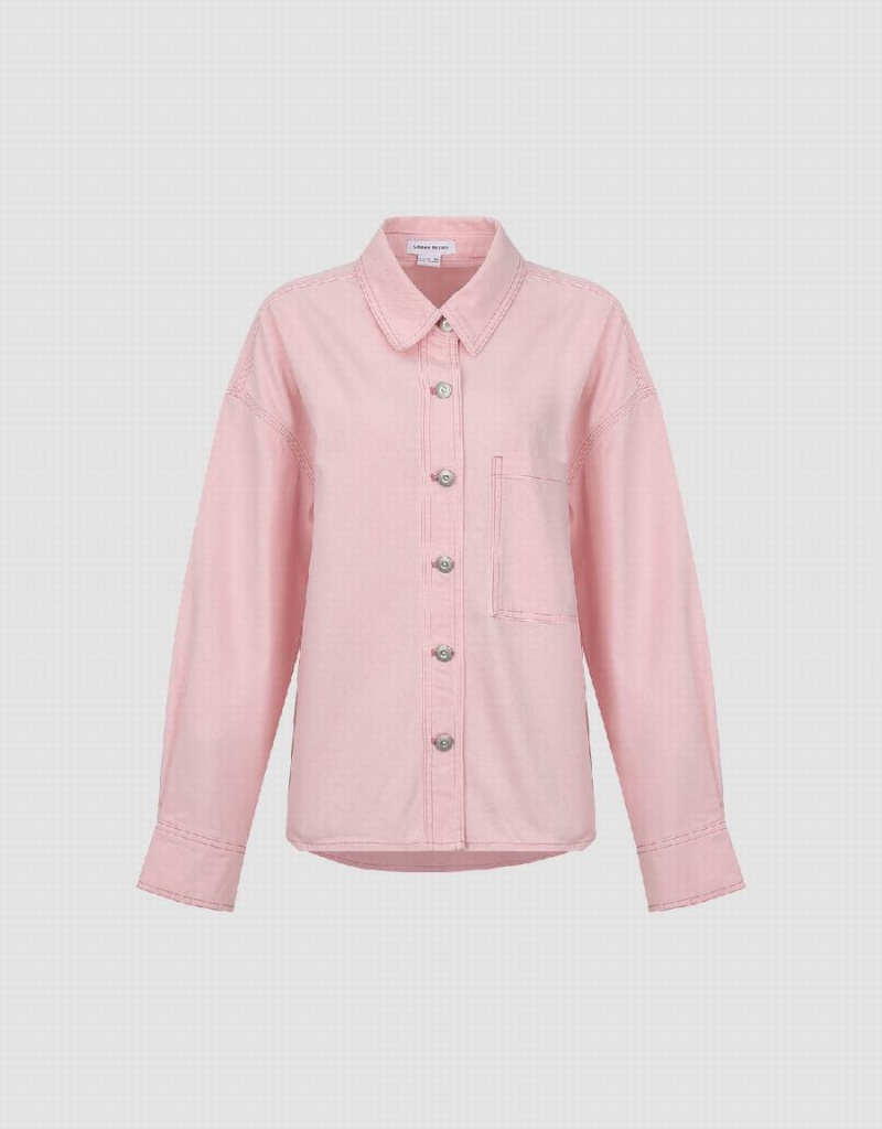 Pink Women's Urban Revivo Drop Shoulder Sleeve Denim Shirts | KQG8736QM