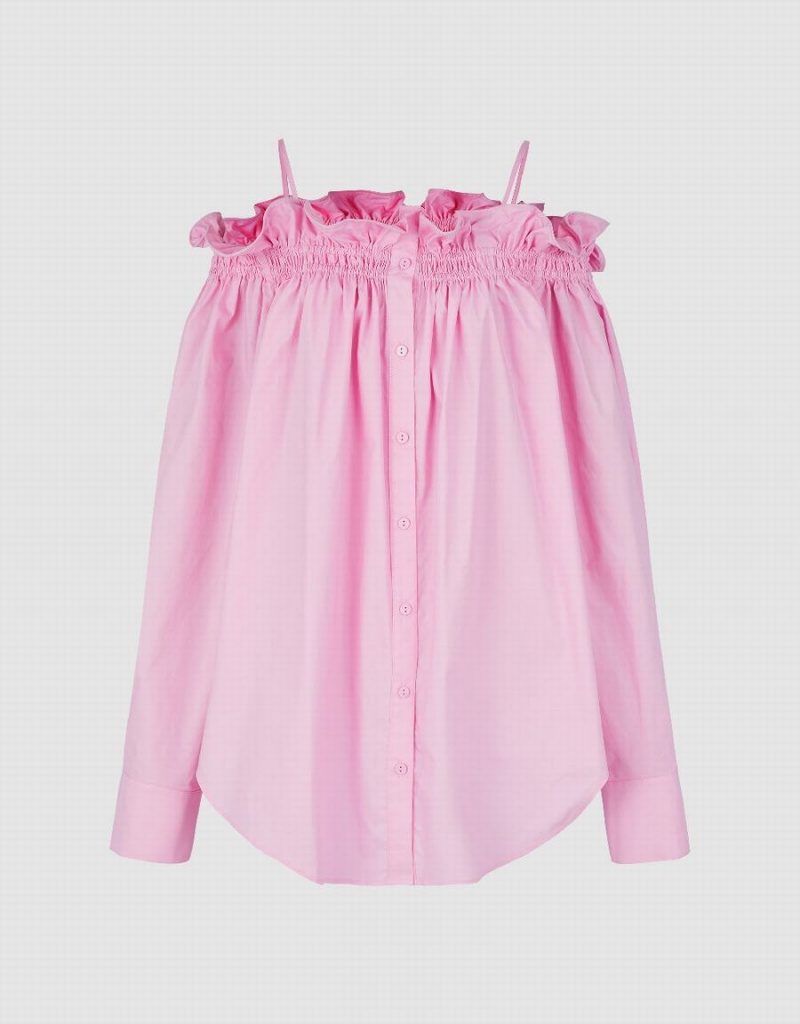 Pink Women's Urban Revivo Frill Trim Off-Shoulder Shirts | FBQ5094HJ