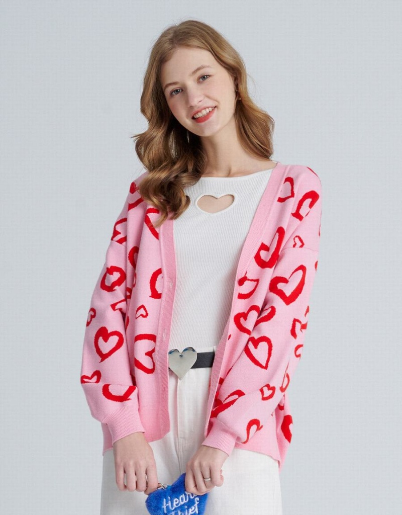 Pink Women's Urban Revivo Heart Pattern Jacquard Button Up Oversized Cardigan | OJM9867DK