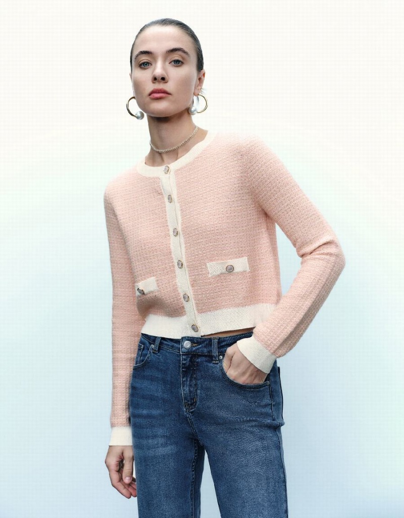 Pink Women\'s Urban Revivo Knitted With Faux Pearl Buttons Cardigan | SJD4112GU