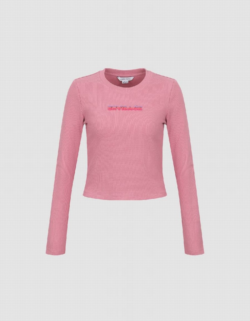 Pink Women's Urban Revivo Letter Embossed Crew Neck Knitted T Shirts | RKP3150UQ