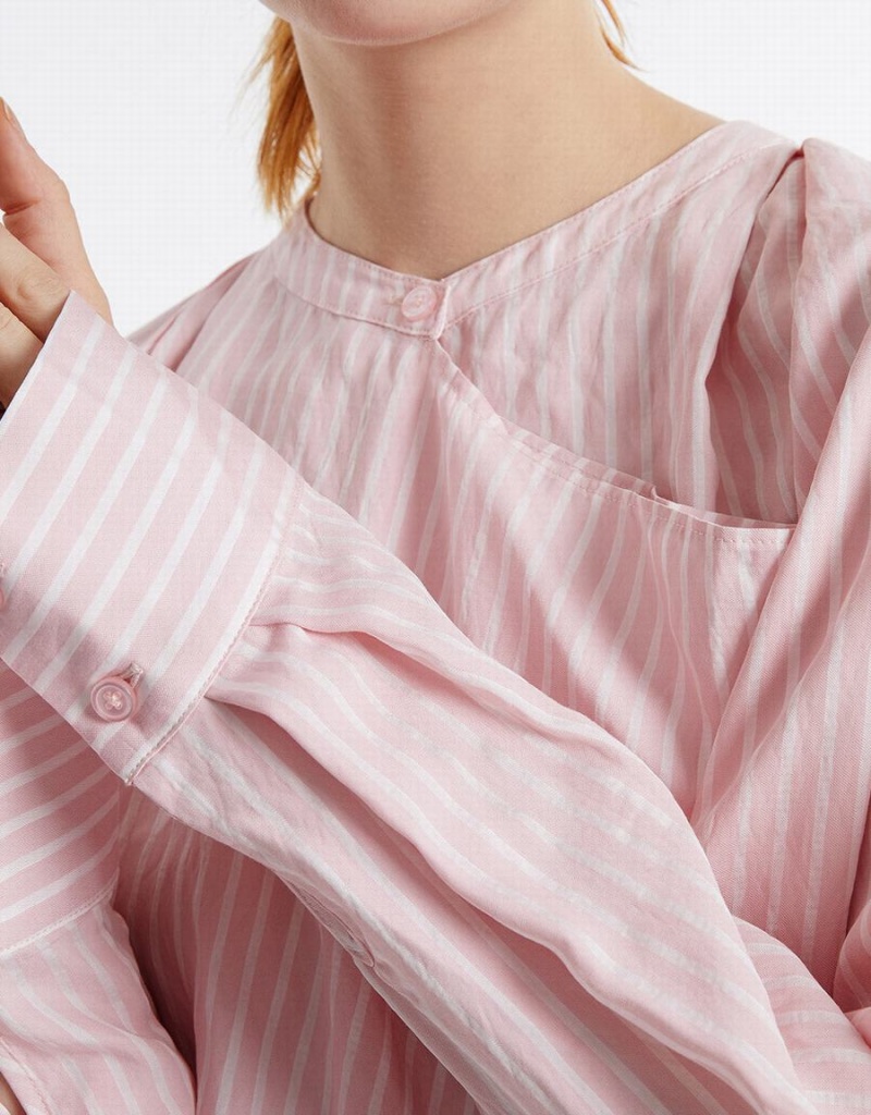 Pink Women's Urban Revivo Oversized Striped Blouse | KPS9887OF