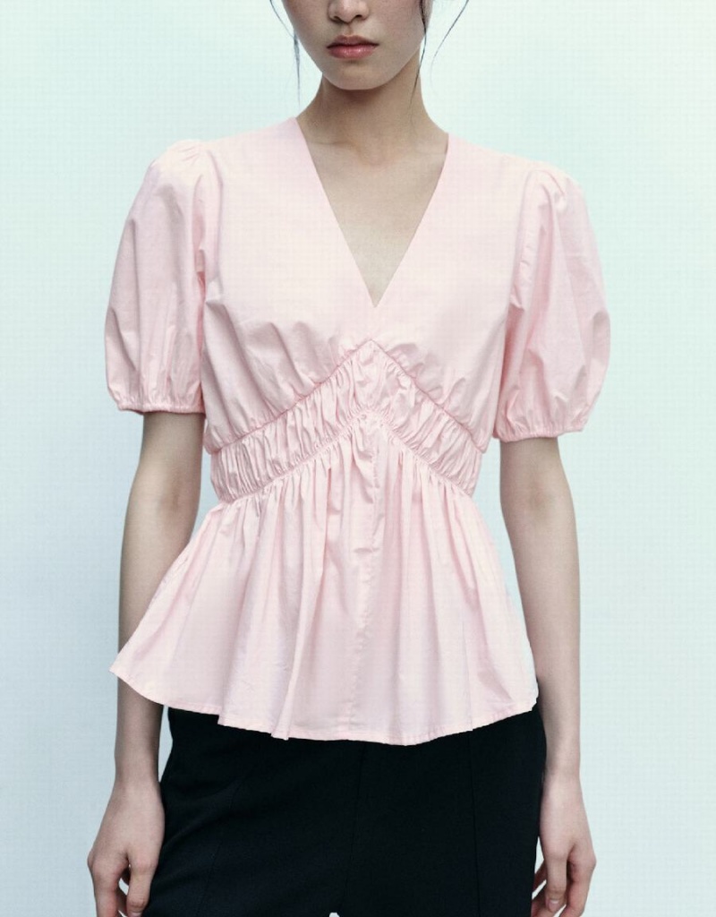 Pink Women's Urban Revivo Puff Sleeve V-Neck Overhead Blouse | GGH255KX