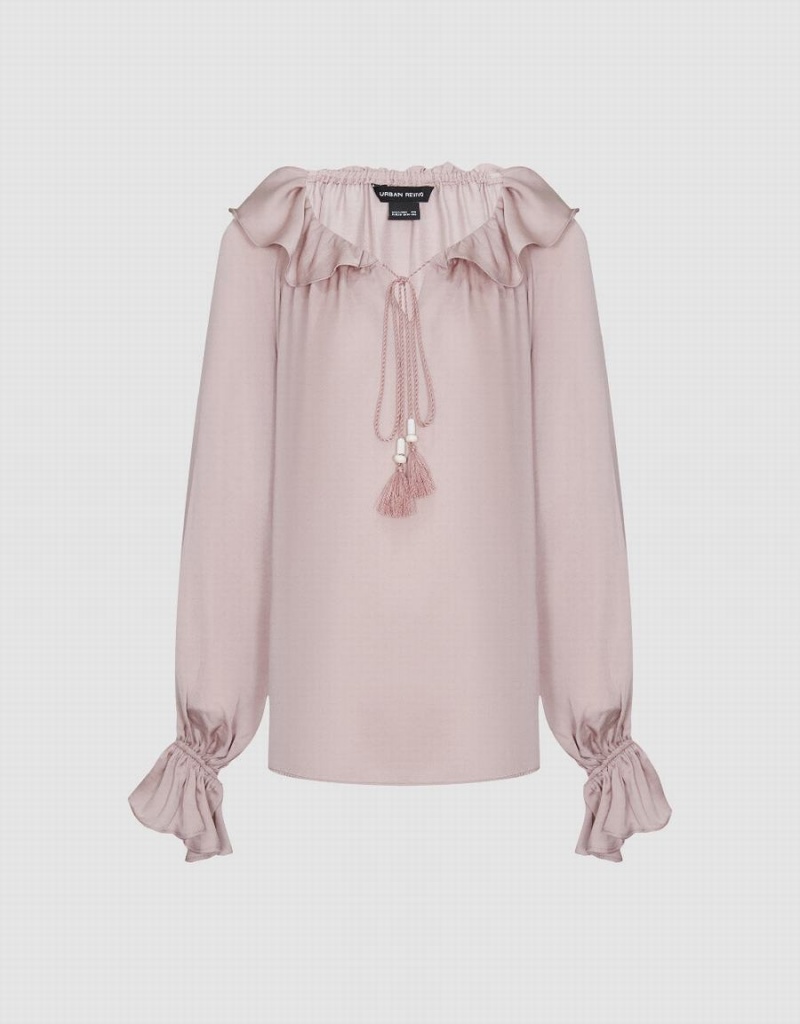 Pink Women's Urban Revivo Raglan Sleeve Ruffle Overhead Blouse | QYD4585CE