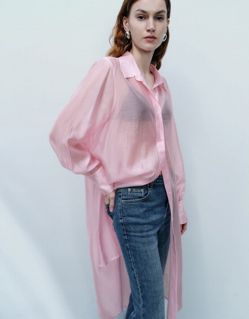 Pink Women's Urban Revivo Sheer Long Straight Shirts | AFN467PN