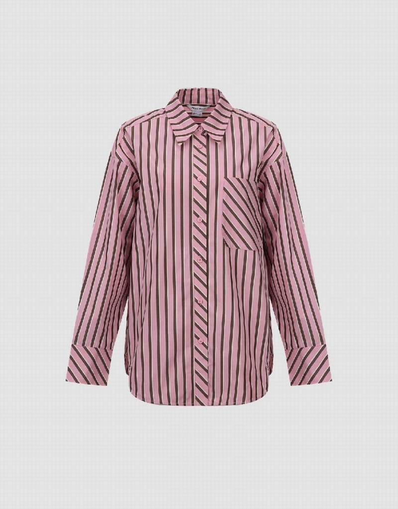 Pink Women's Urban Revivo Striped Button Up Shirts | EZI3439SU