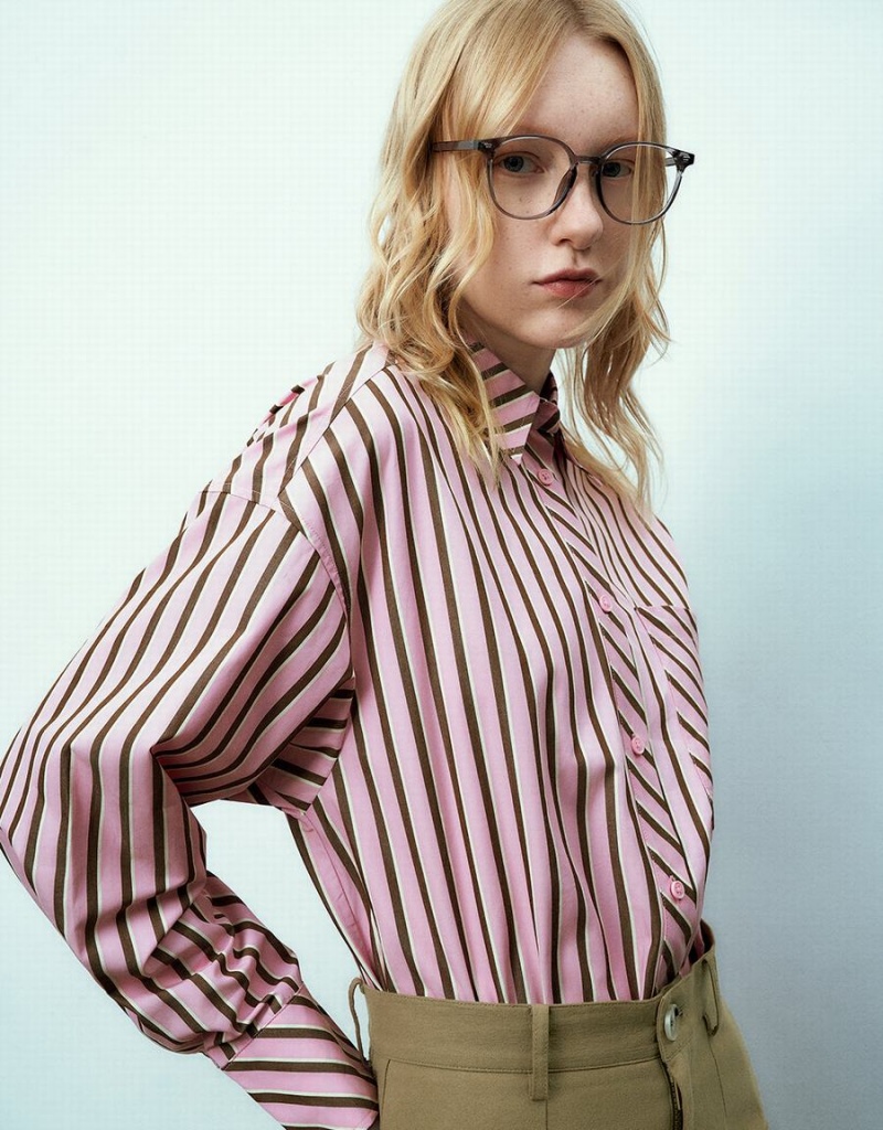 Pink Women's Urban Revivo Striped Button Up Shirts | EZI3439SU