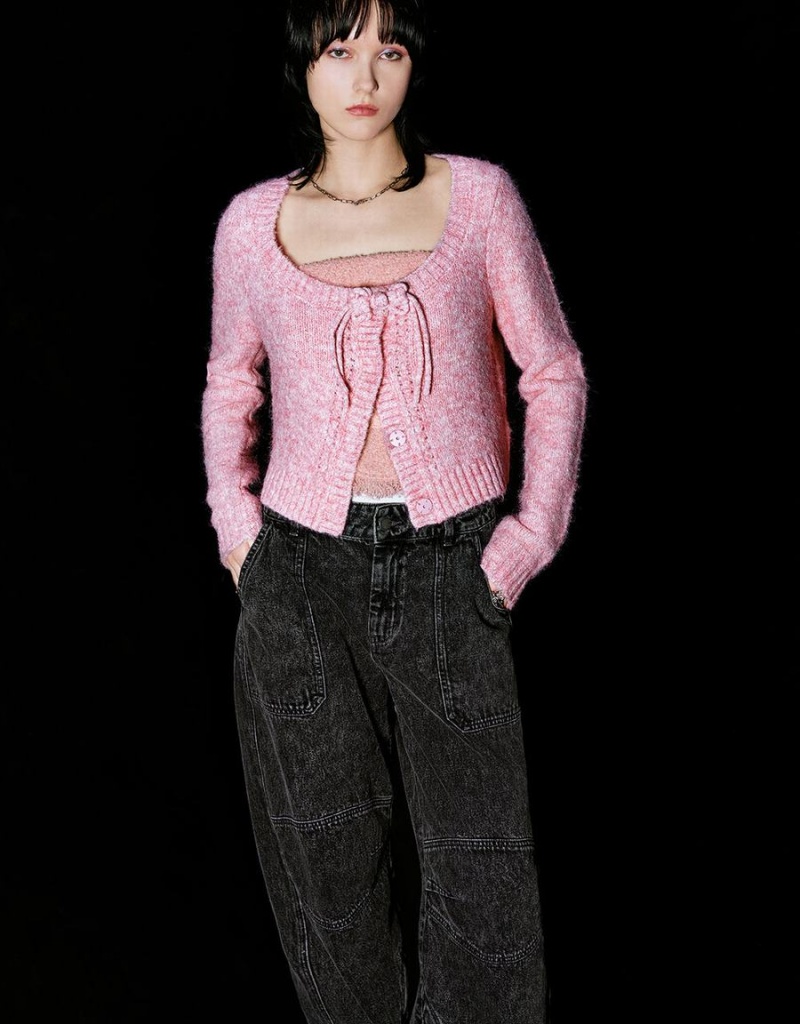 Pink Women's Urban Revivo Tie Front Crew Neck Knitted Cardigan | ENY6554PU