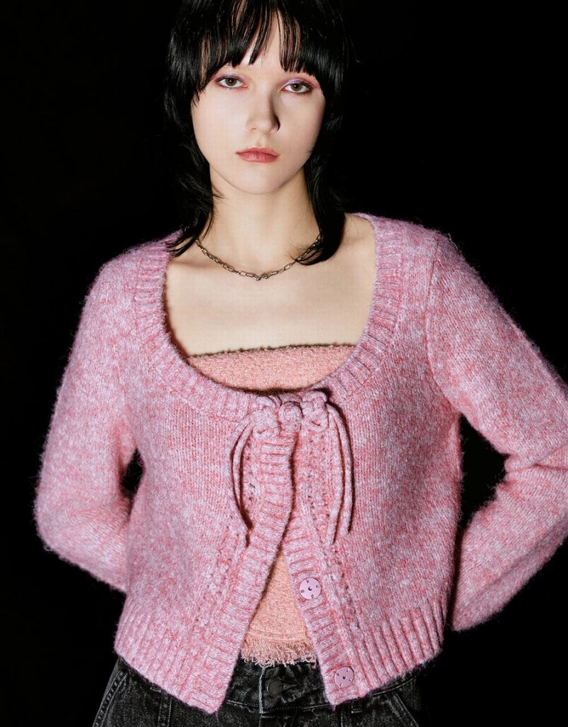 Pink Women's Urban Revivo Tie Front Crew Neck Knitted Cardigan | ENY6554PU