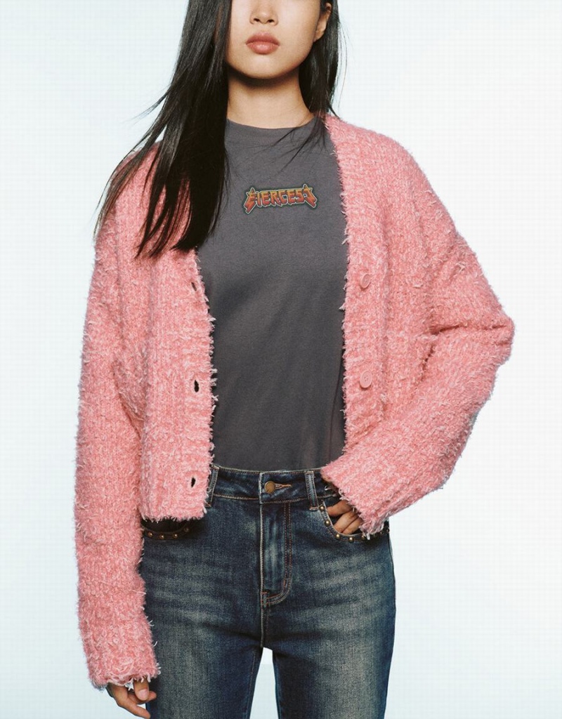 Pink Women's Urban Revivo V-Neck Knitted Cardigan | ZVR678VD