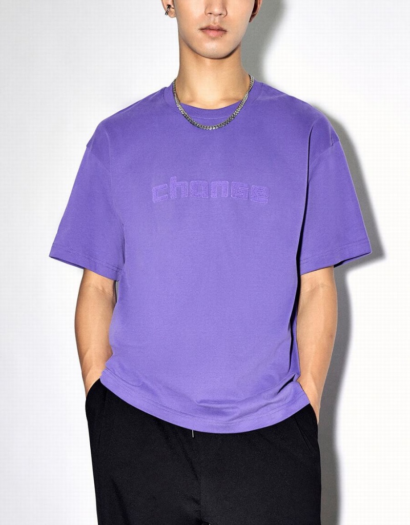 Purple Men's Urban Revivo Letter Embossed Crew Neck T Shirts | YGF7146DV