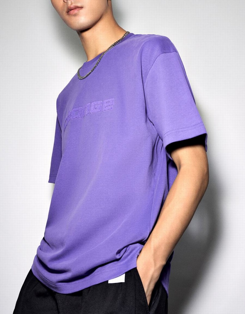 Purple Men's Urban Revivo Letter Embossed Crew Neck T Shirts | YGF7146DV