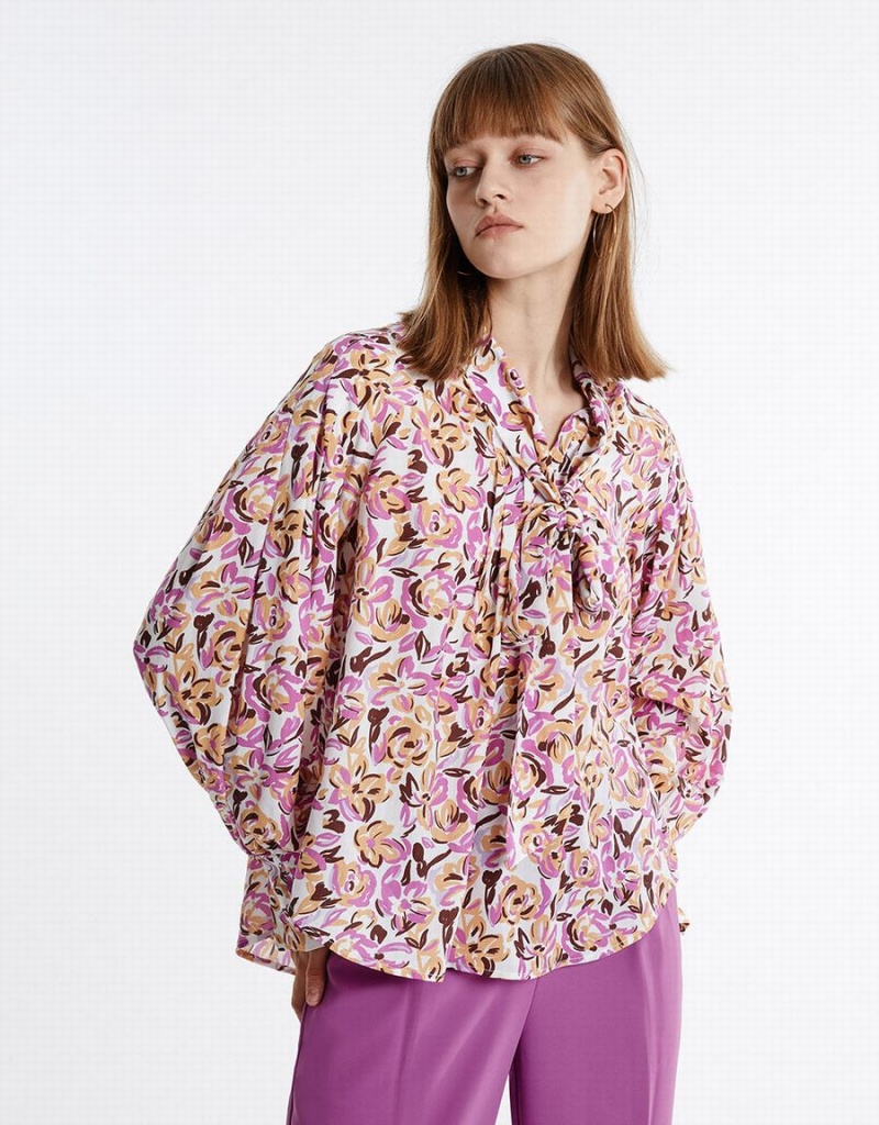 Purple Women's Urban Revivo Bow Detail Floral Blouse | WGQ7153MT