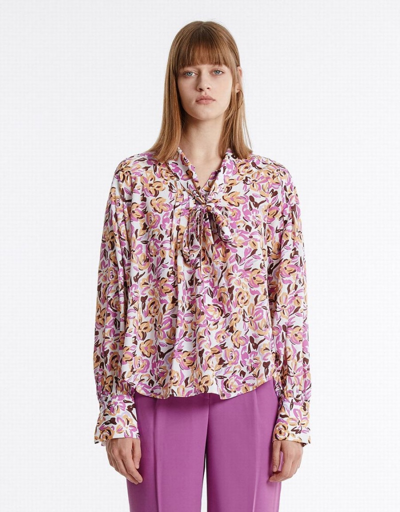 Purple Women's Urban Revivo Bow Detail Floral Blouse | WGQ7153MT