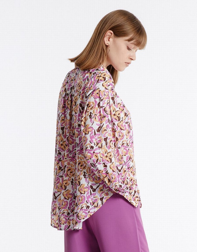 Purple Women's Urban Revivo Bow Detail Floral Blouse | WGQ7153MT