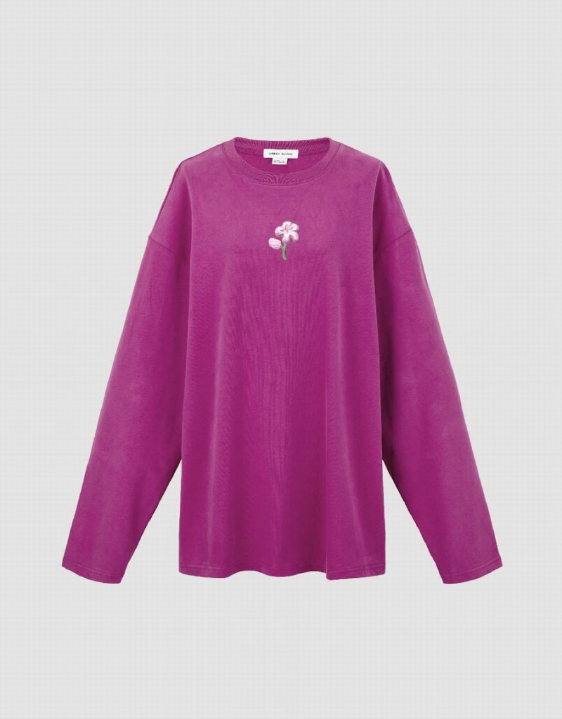 Purple Women's Urban Revivo Flower Embossed Crew Neck Loose T Shirts | RUE7991FZ