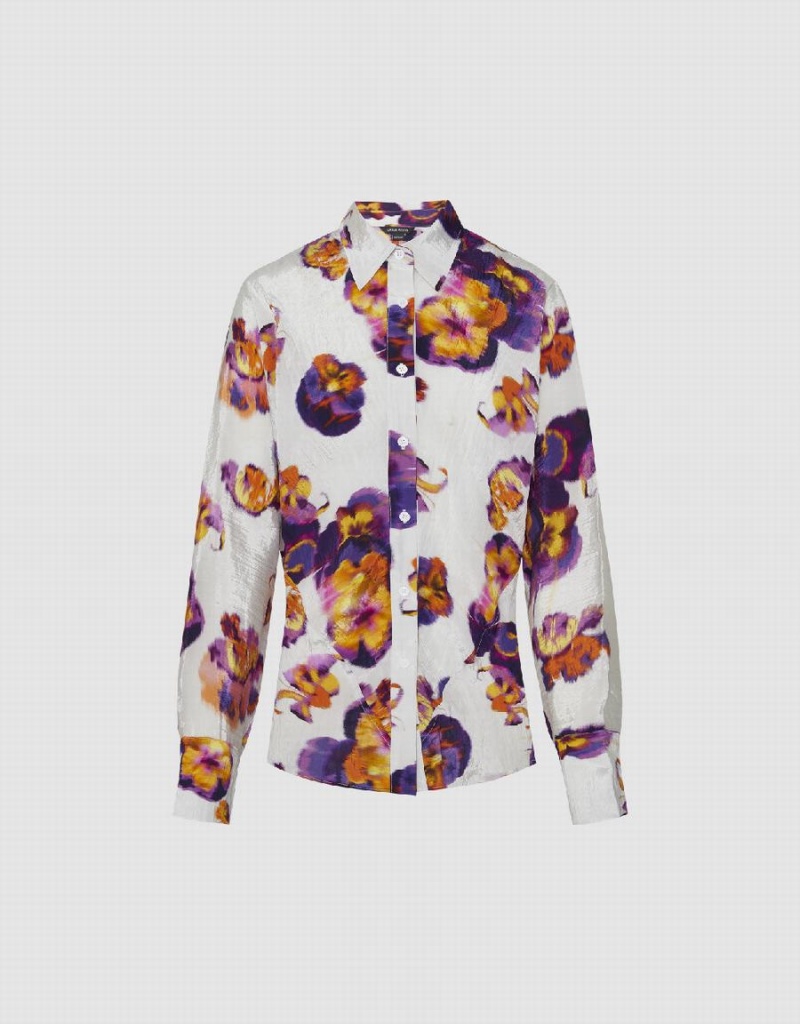 Purple Women's Urban Revivo Flower Printed Button Up Shirts | GUK8263GT