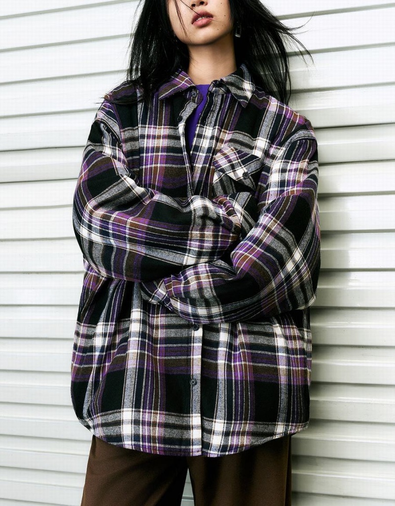 Purple Women's Urban Revivo Plaid Straight Shirts | GVO192MW