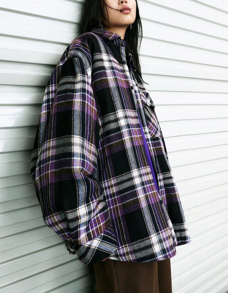 Purple Women's Urban Revivo Plaid Straight Shirts | GVO192MW