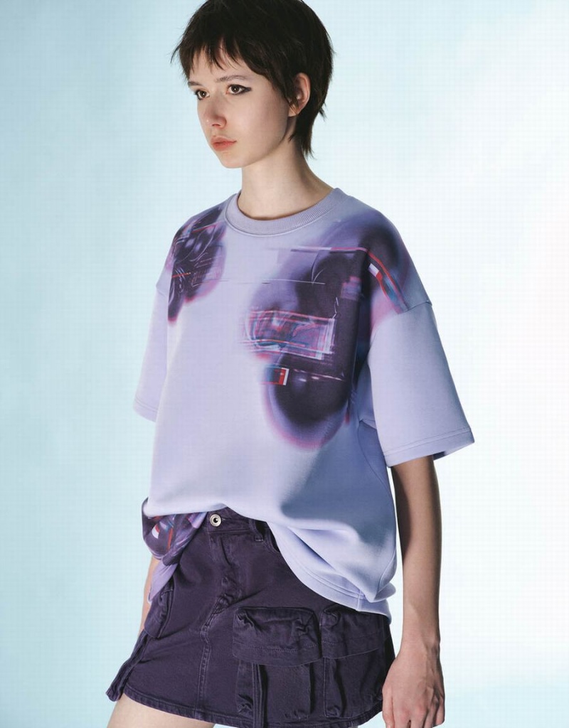 Purple Women's Urban Revivo Printed Crew Neck Loose T Shirts | OFN8099GZ