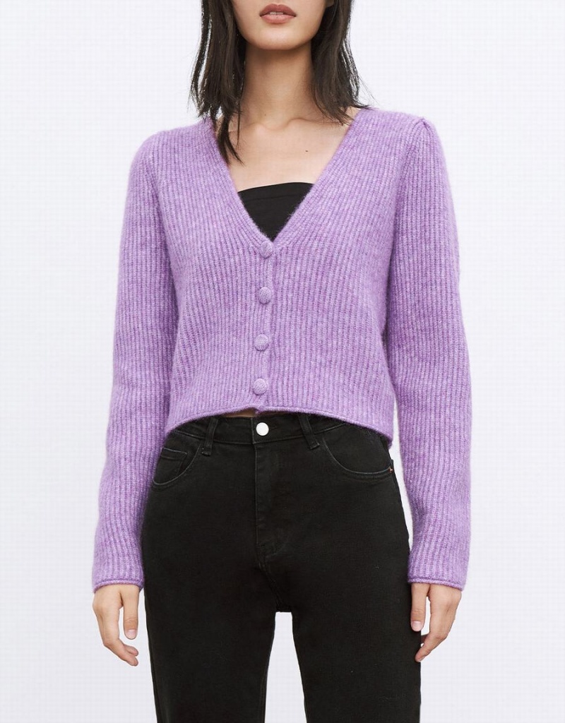 Purple Women's Urban Revivo V Neck Rib Knit Cardigan | IVI2845UE