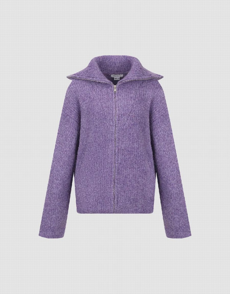 Purple Women's Urban Revivo Zipper Front Loose Knitted Cardigan | IAU3485WI