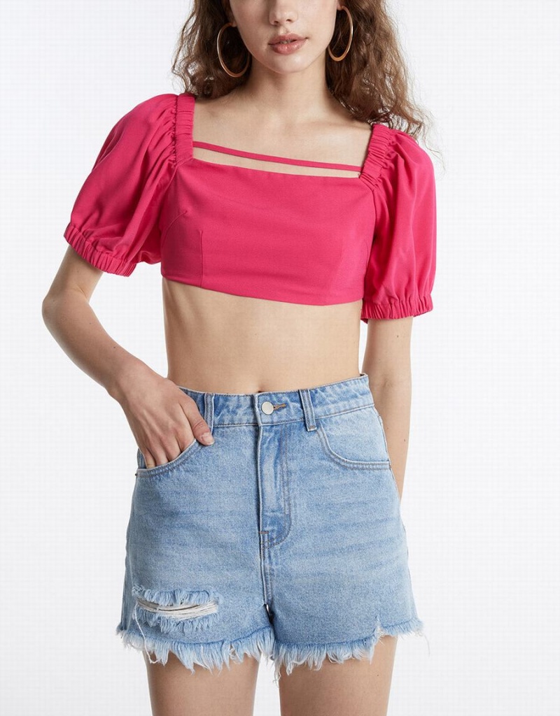 Red Women's Urban Revivo Puff Sleeve Crop Top T Shirts | KWZ9416EI