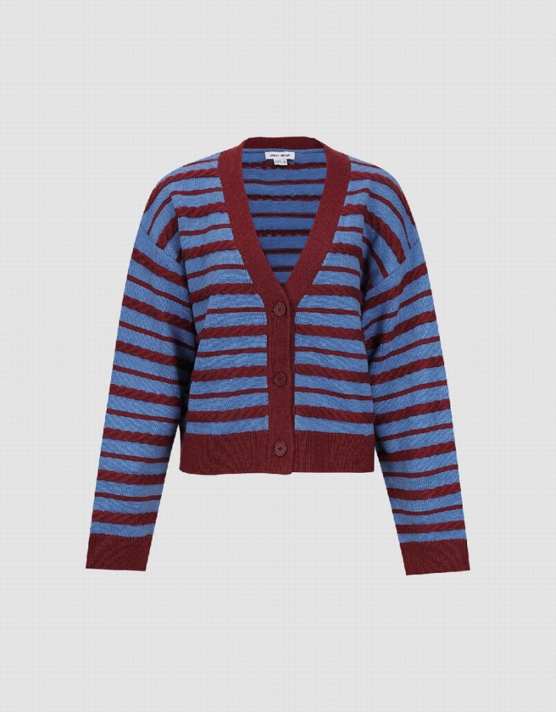 Red Women's Urban Revivo Striped V-Neck Knitted Cardigan | CHN2275BI