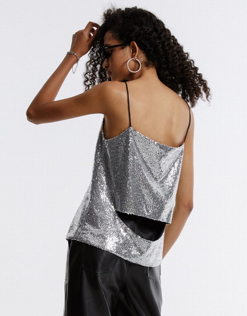 Silver Women's Urban Revivo Cut Out Back Sequin Camisole Tank Top | BEL6198XD