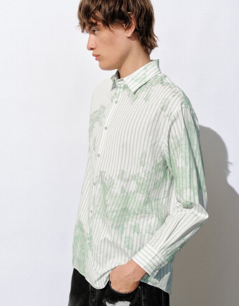 White Green Men's Urban Revivo Striped Button Up Loose Shirts | DIN529IQ