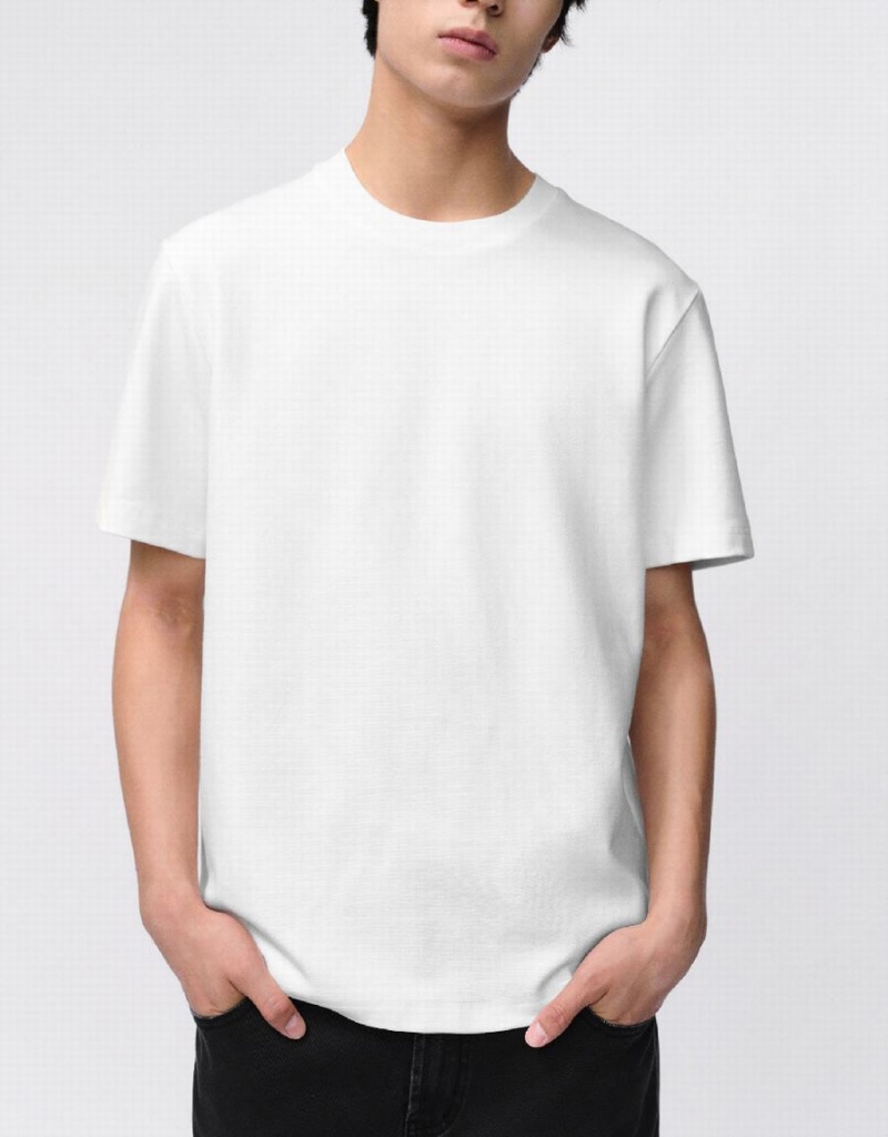 White Men's Urban Revivo Crew Neck Straight T Shirts | YQG8344II