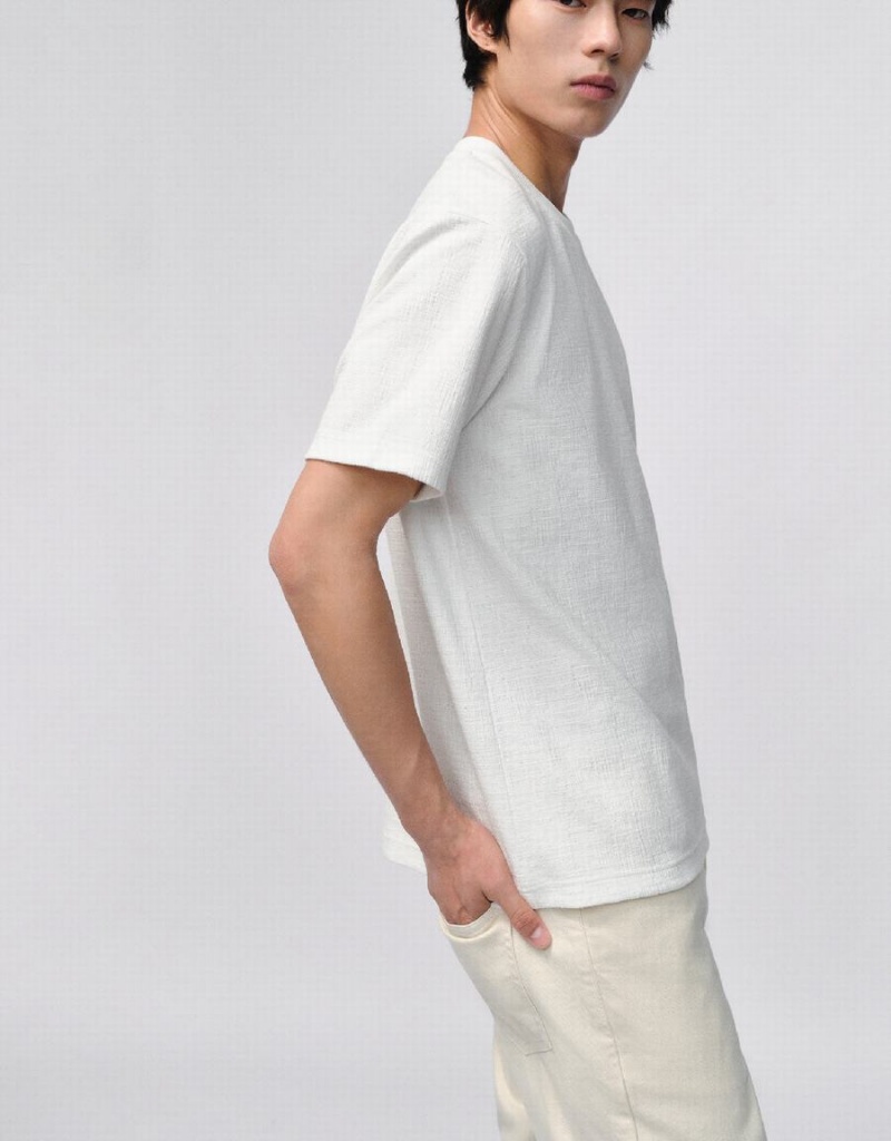 White Men's Urban Revivo Drop Shoulder Sleeve Crew Neck T Shirts | AVH2487JF