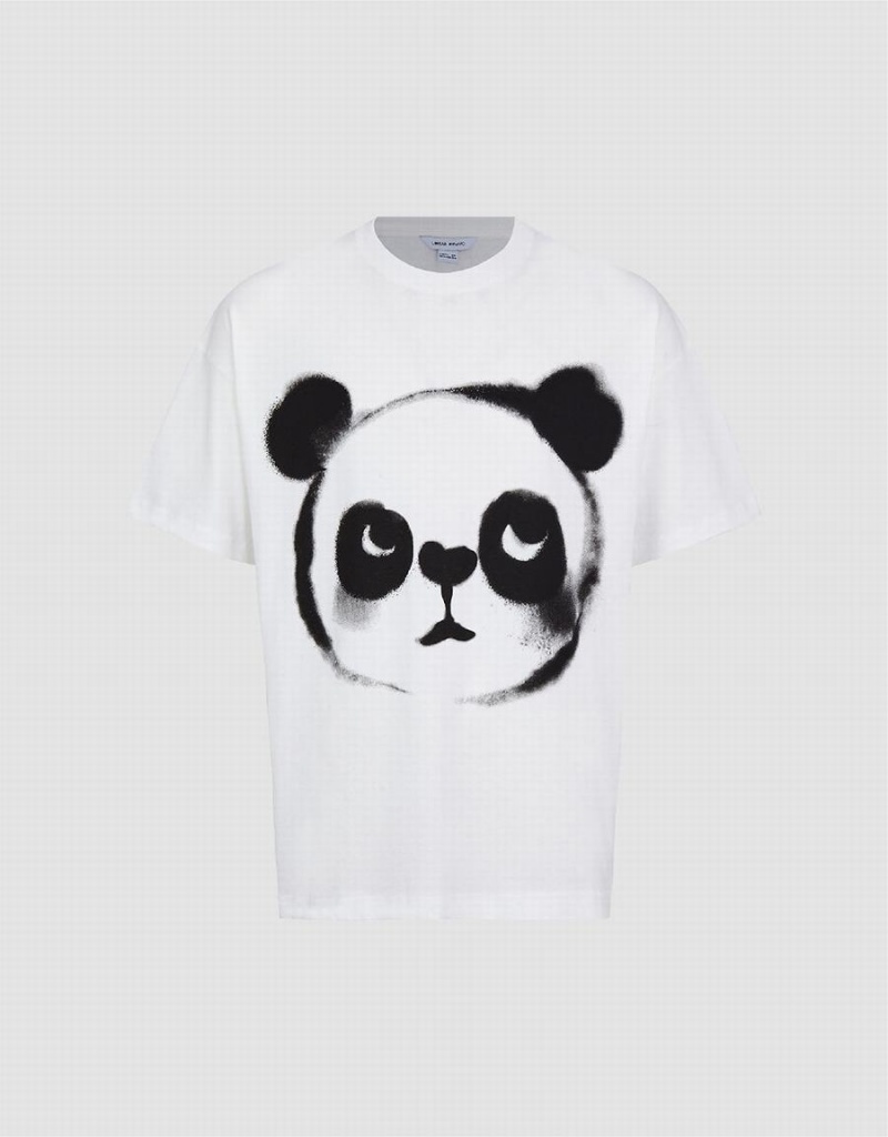 White Men's Urban Revivo Panda Printed Crew Neck T Shirts | GZL2877UO