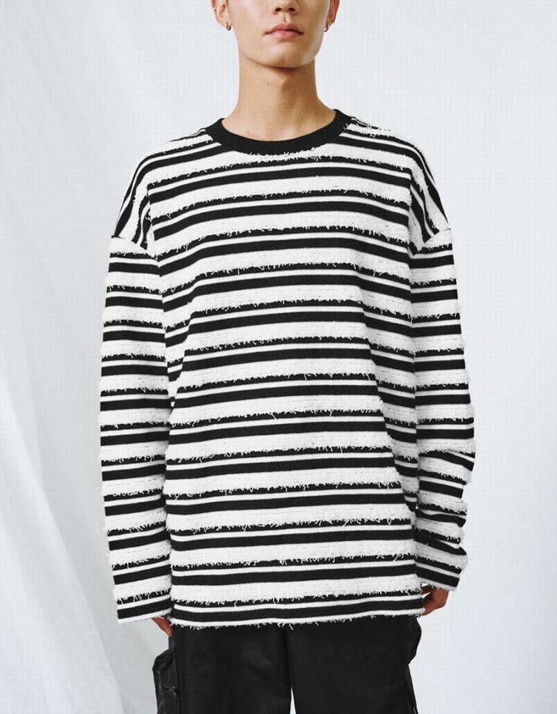 White Men's Urban Revivo Striped Crew Neck T Shirts | JIN9176KN