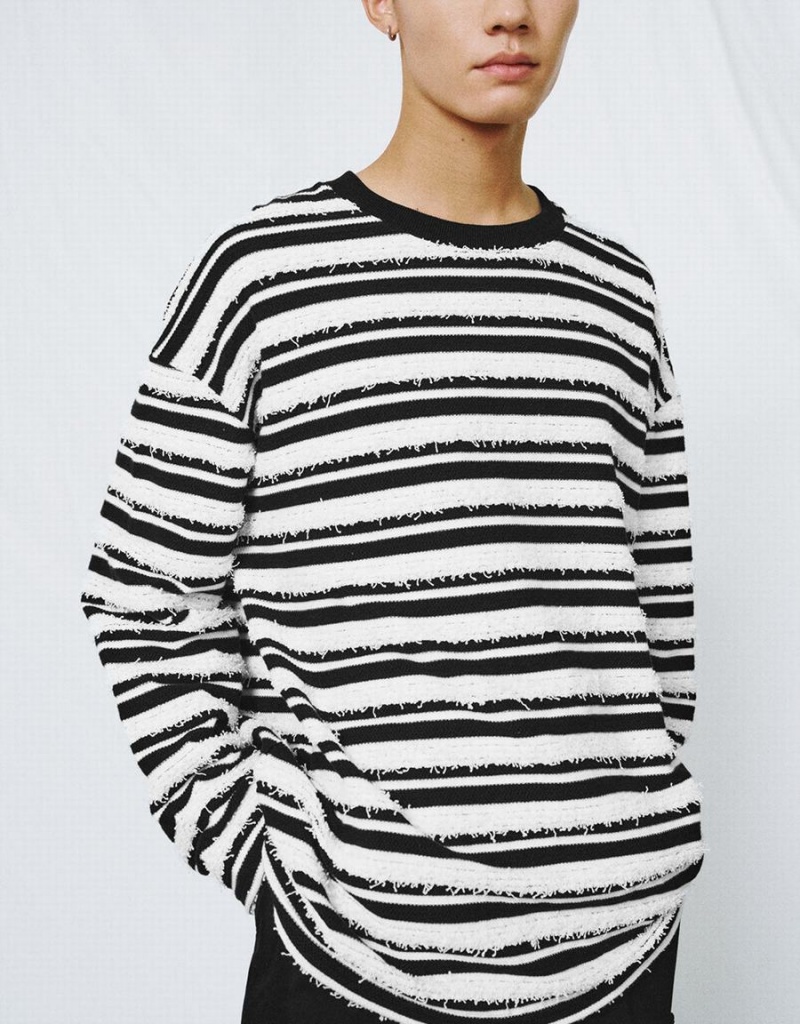 White Men's Urban Revivo Striped Crew Neck T Shirts | JIN9176KN