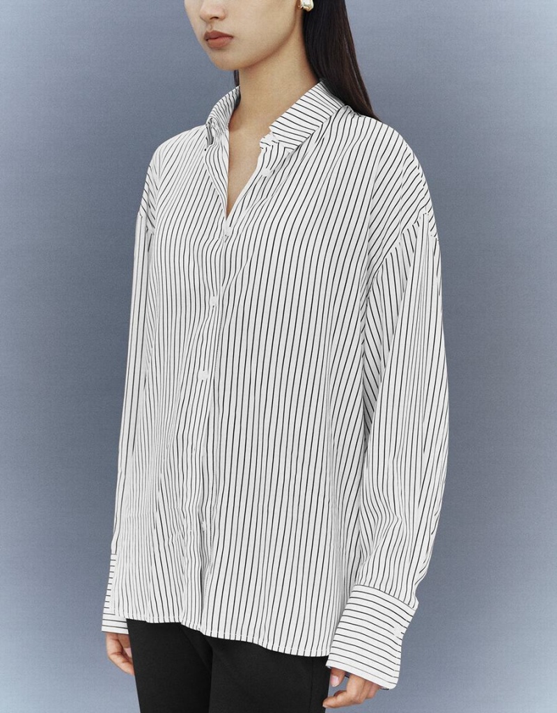 White Women's Urban Revivo Button Up Striped Straight Shirts | YOI572XM