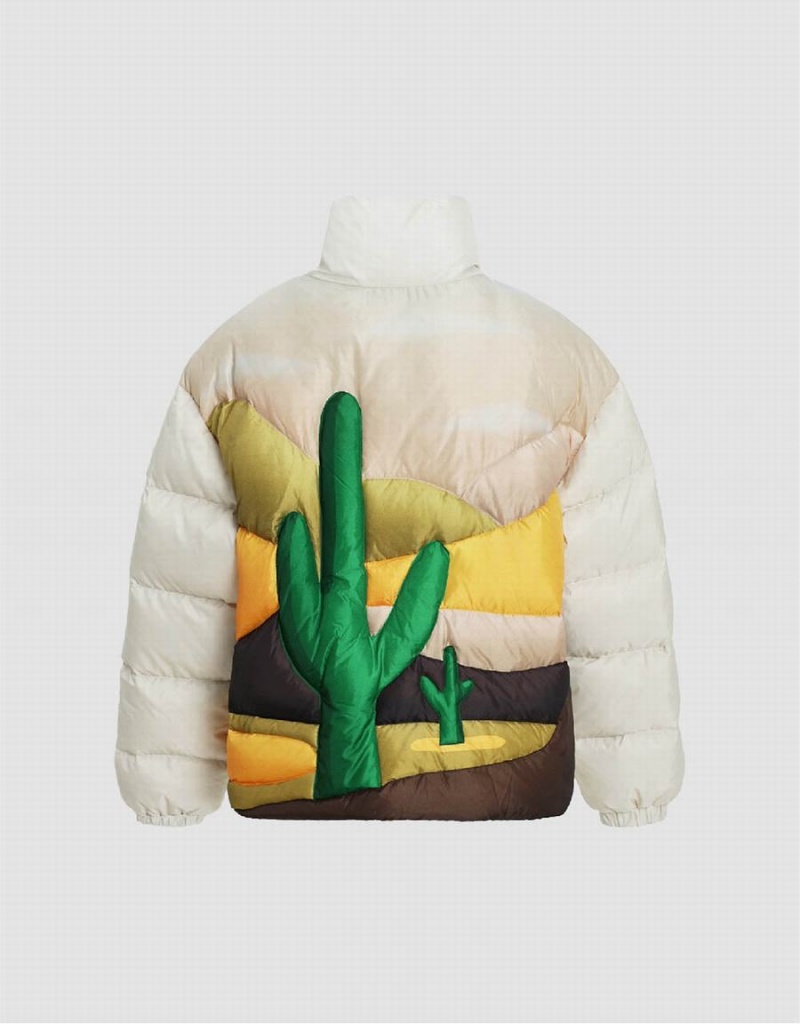 White Women's Urban Revivo Cactus Embossed Stand Collar Puffer Jacket | WPO2974XB